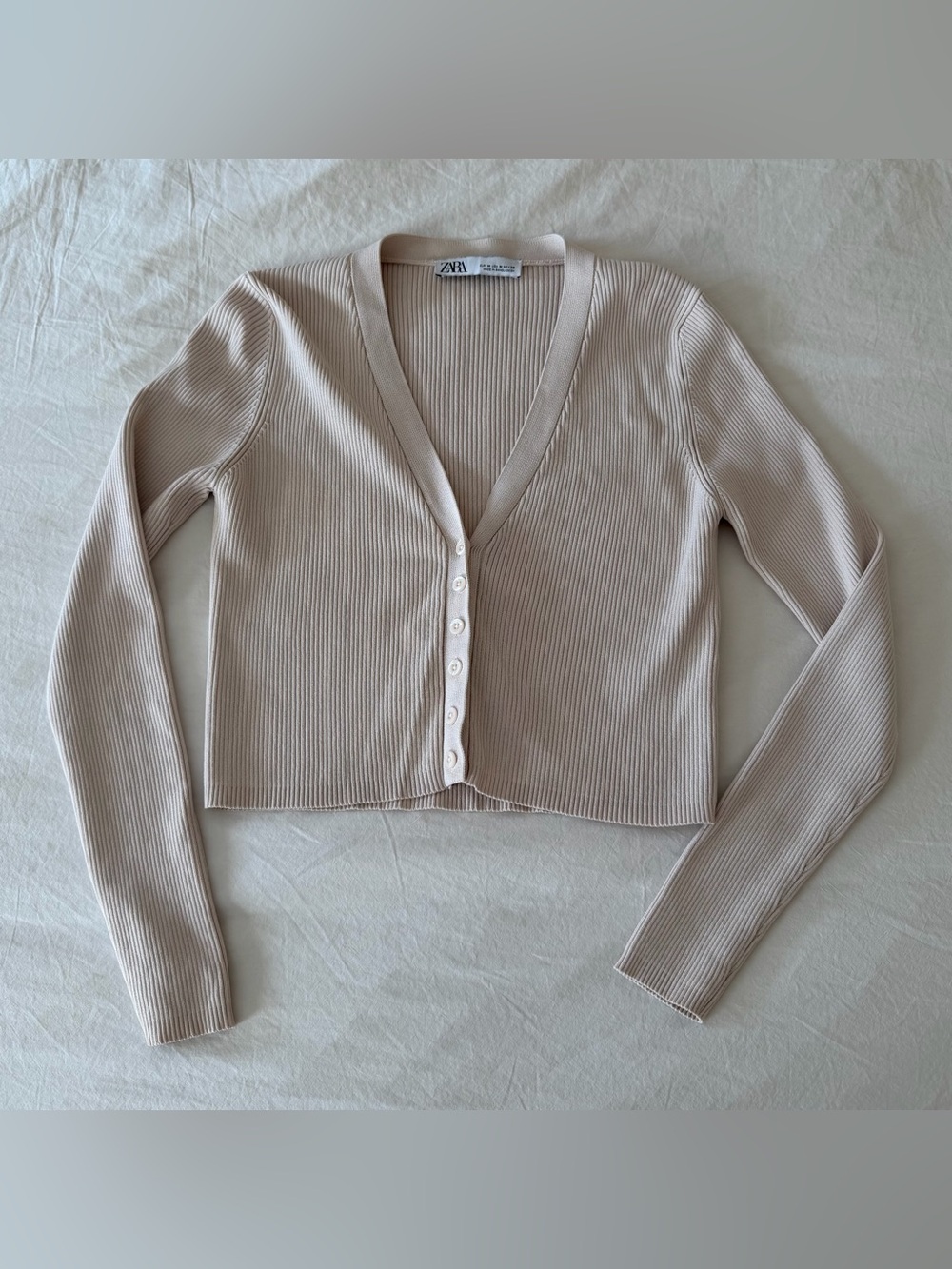 ZARA Light Pink/Beige Ribbed Cropped Cardigan size S-M